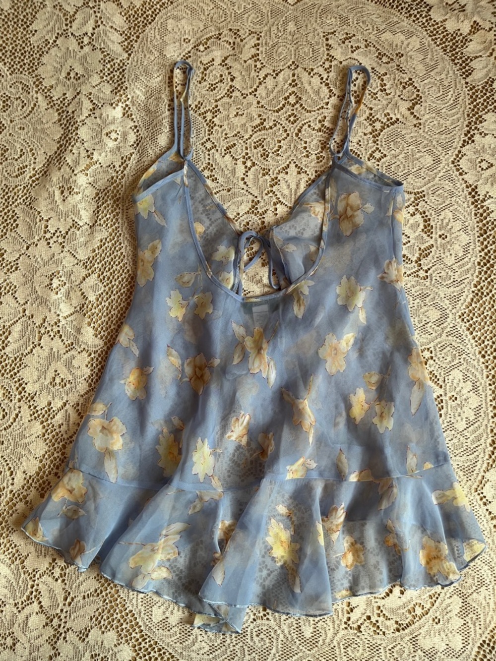 Premiere Amour Floral Chiffon Tie-Front Top, Blue & Butter Yellow, Size S - Picture 3 of 3